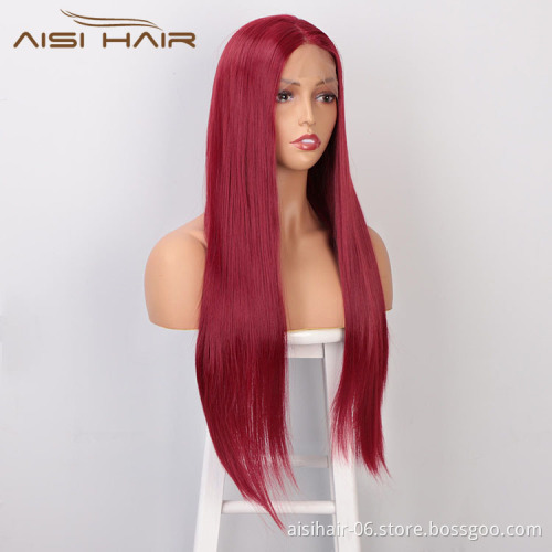 Aisi Hair New Design Long Silky Straight Red Color Wig Heat Swiss Lace Front Wig Middle Part Lace Frontal Wigs For Women